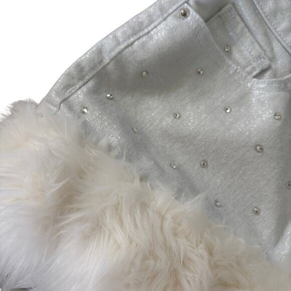 Upcycled Faux Fur Micro Skirt Crystals Y2K White Silver Metallic Voated Denim - Picture 2 of 7